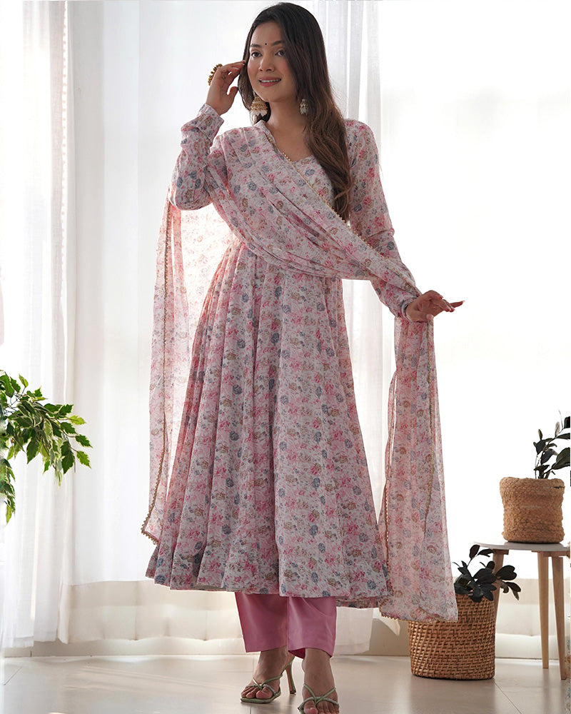 Baby Pink Color Heavy Chiffon Floral Print With Full Flair Three Piece Anarkali Suit
