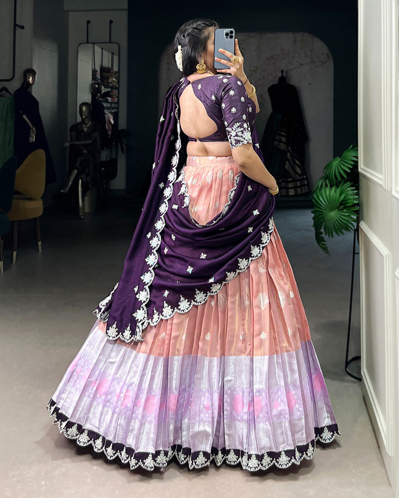 Peach Color Zari Kota Embroidered Half Saree