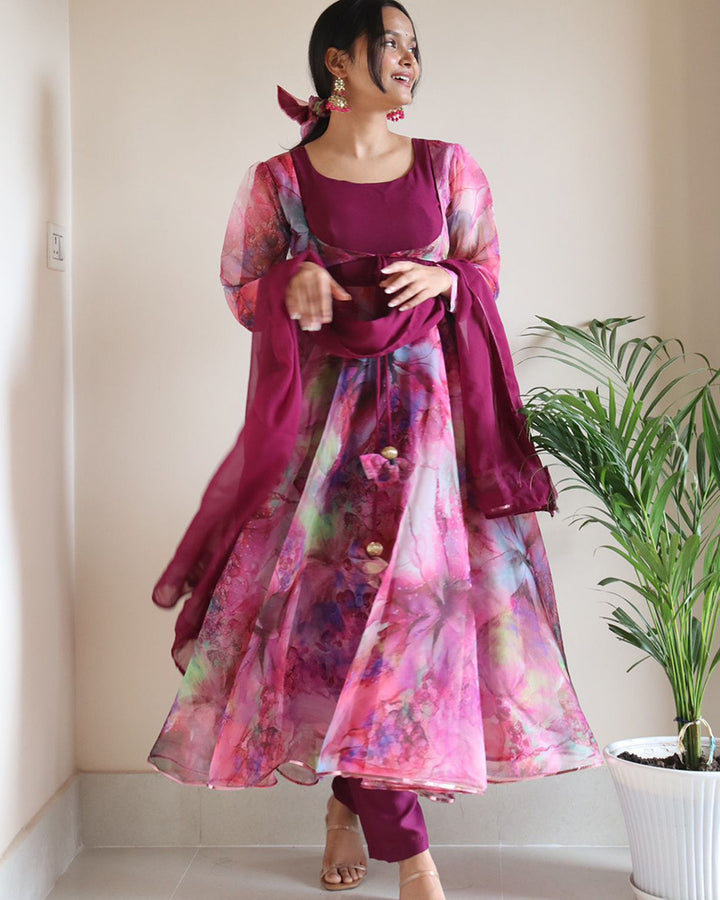 Rose Pink Color Digital Print Organza Three Piece Anarkali Suit