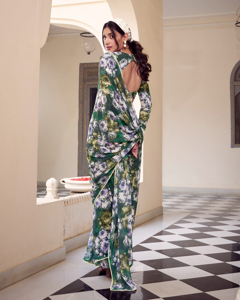Green Color Weightless Marble Printed Saree