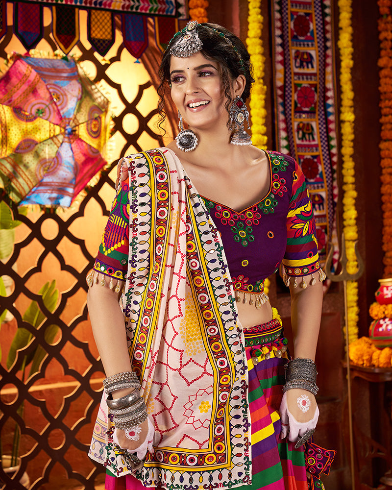 Vibrant Striped Maslin Cotton Rainbow Navratri Chaniya Choli