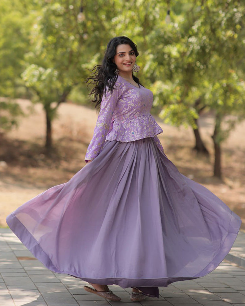 Lavender Color Vichitra Shimmer Crop Top Lehenga Choli TANHAI Lavender Color Vichitra Shimmer Crop Top Lehenga Choli TANHAI