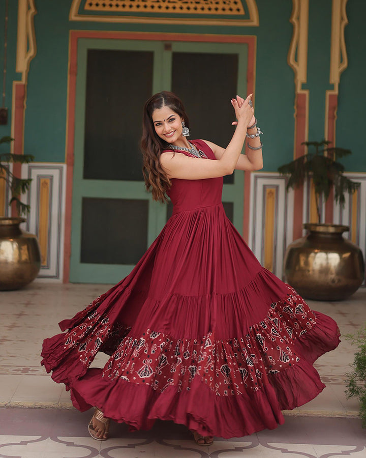 Maroon Color Reyon Printed Navratri Gown