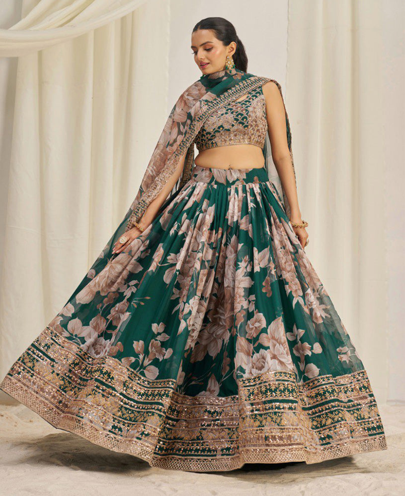 Green Color Floral Printed Organza Lehenga Choli