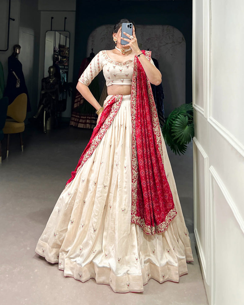 Off White Color Vichitra Silk Sequins And Thread Embroidered Lehenga Choli