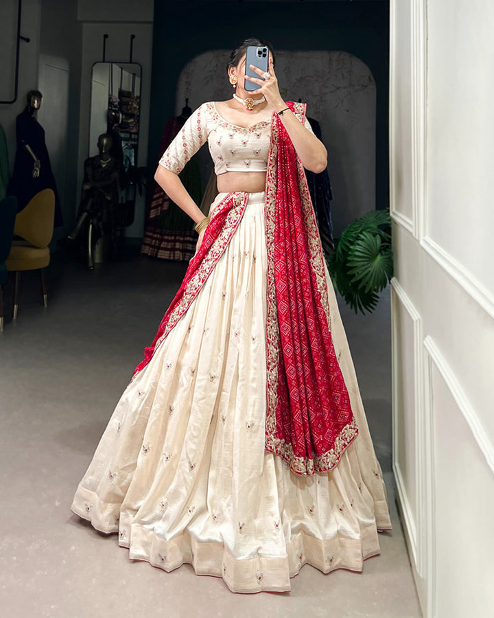 Off White Color Vichitra Silk Sequins And Thread Embroidered Lehenga Choli