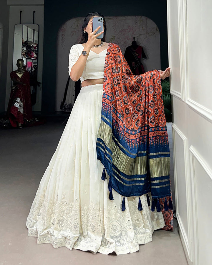 Off White Color Lucknowi Work Lehenga Choli With Different Dupatta