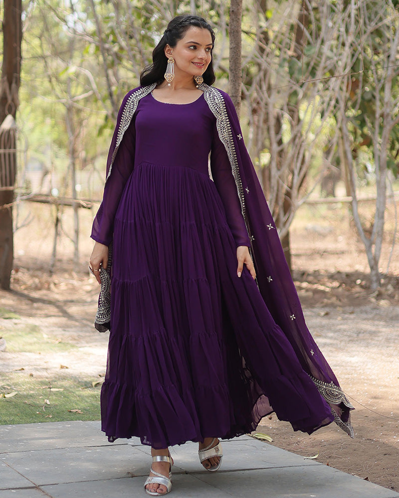 Purple Color Designer Embroidered Gown With Dupatta