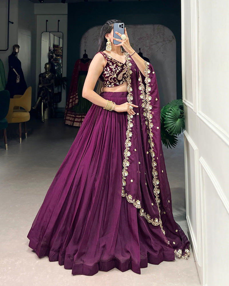 Wine Color Embroidered Organza Lehenga Choli