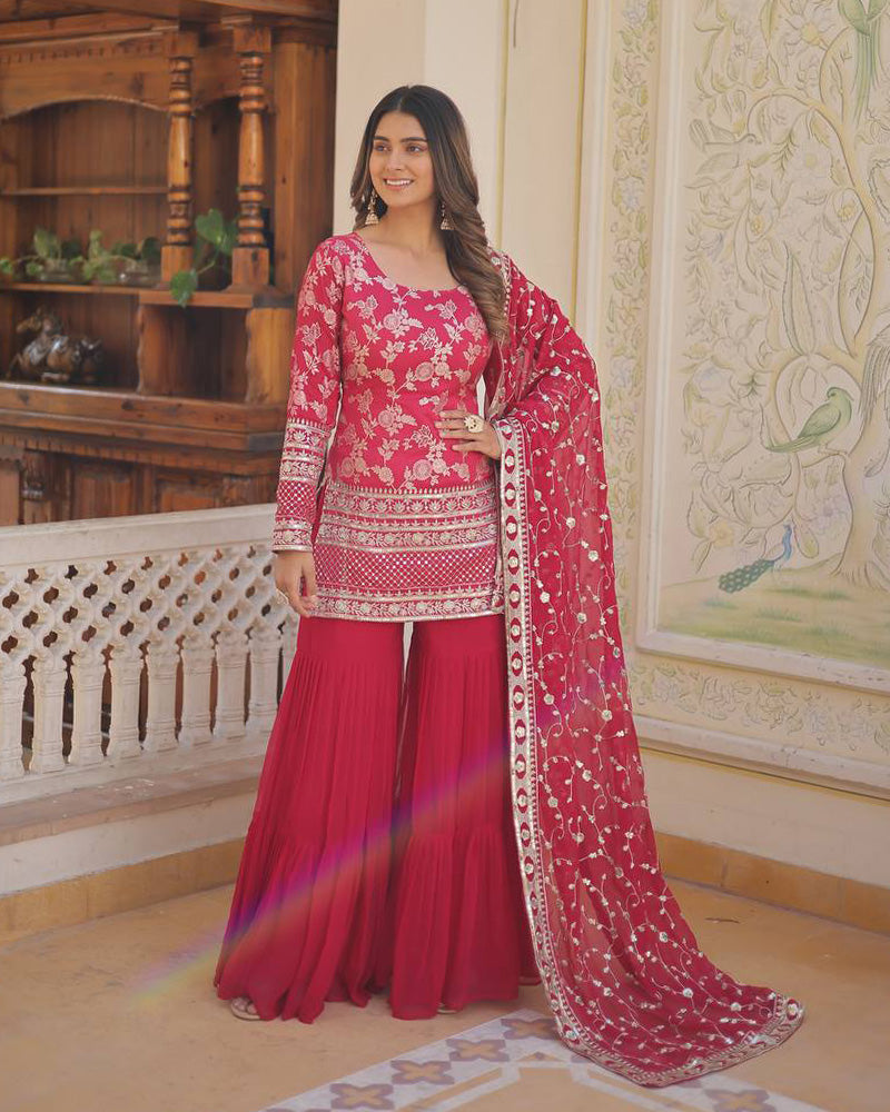 Rani-Pink Color Three Piece Gharara Suit