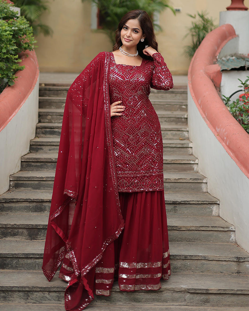 Maroon Color Faux Georgette Embroidered Sharara Suit