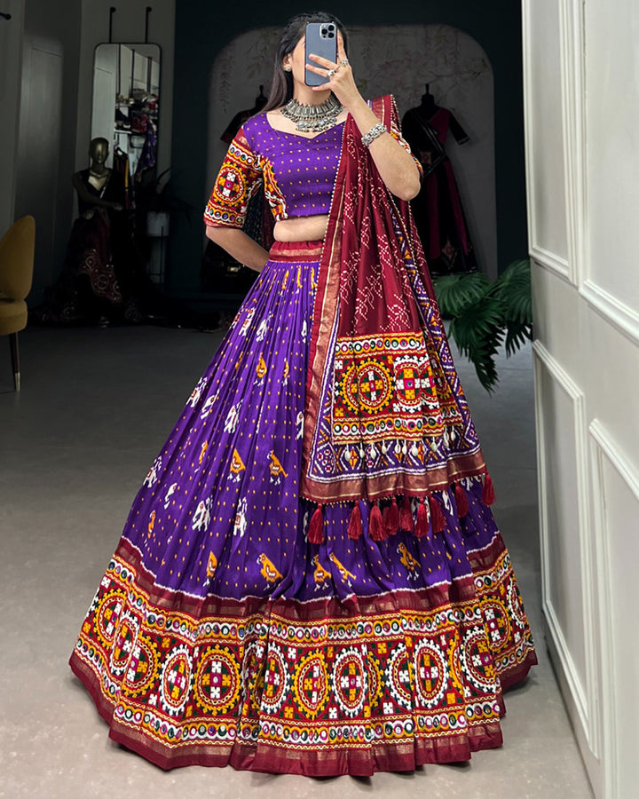 Purple Color Tussar Silk Gamthi Work Lehenga Choli