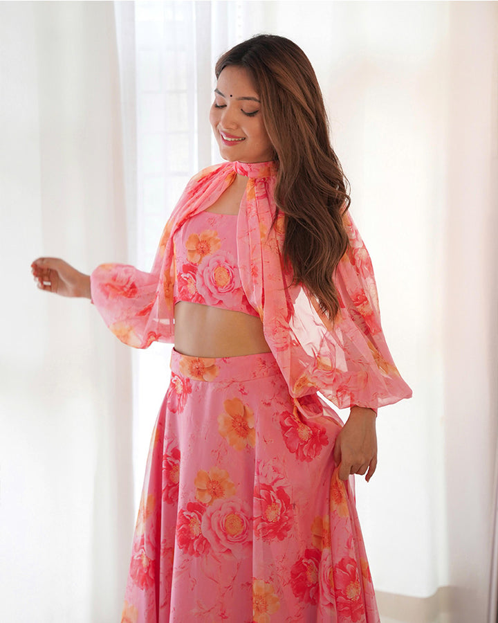 Baby Pink Color Pure Tabby Organza Printed Lehenga Choli