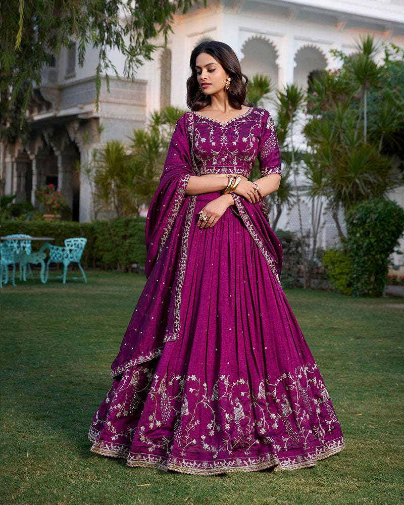 Wine Color Vichitra Silk Sequence Embroidery Lehenga Choli