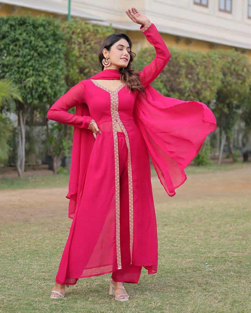 Western Designer Rani Pink Color Georgette Three Piece Kurti Suit