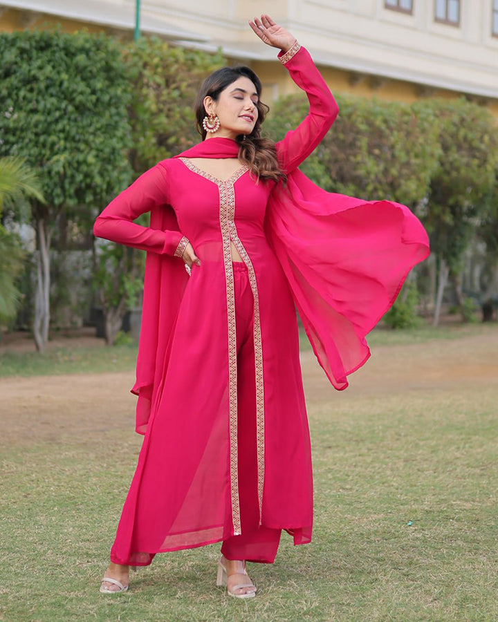 Western Designer Rani Pink Color Georgette Three Piece Kurti Suit