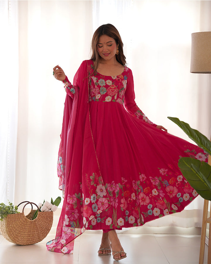 Rani Pink Color Floral Print Organza Three Piece Anarkali Suit