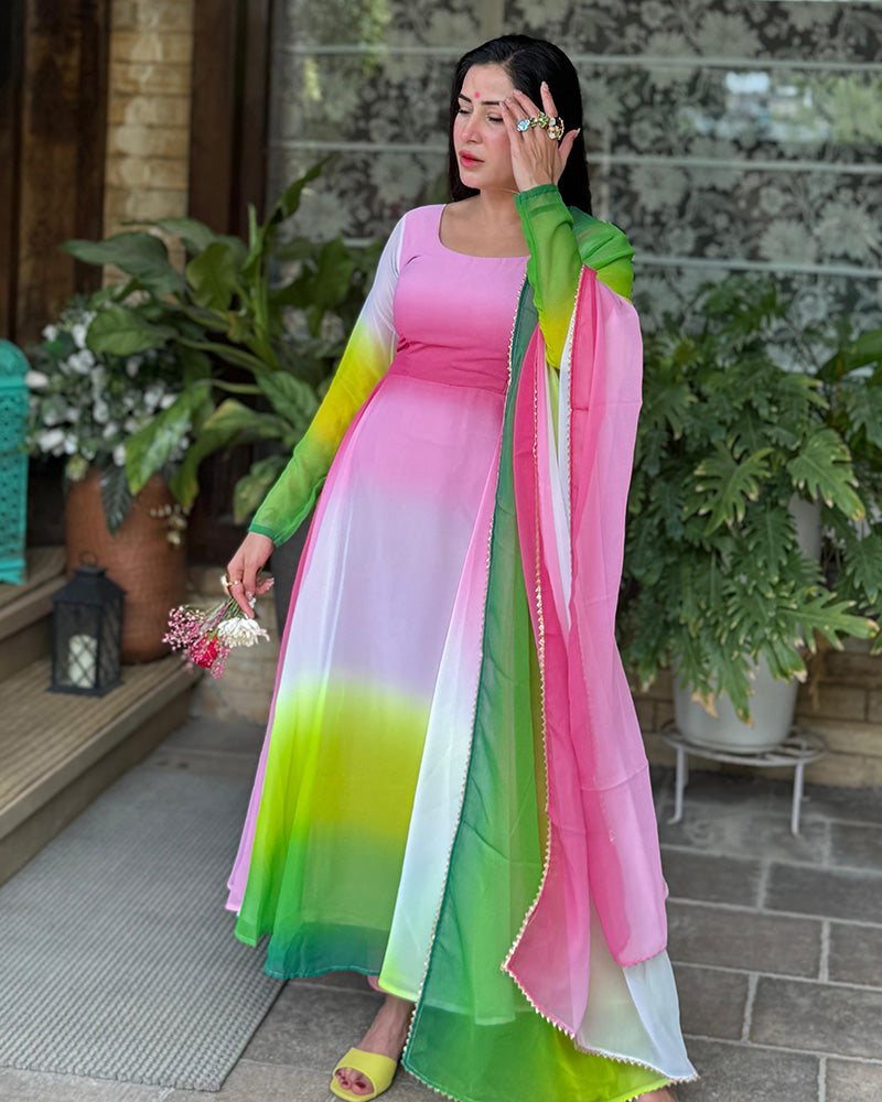 Isha sharma In Our Multi Pink Color Georgette Three Piece Anarkali Suit