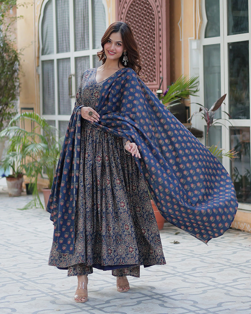 Premium Blue Color Pure Cotton Kurti With Pant And Dupatta Set