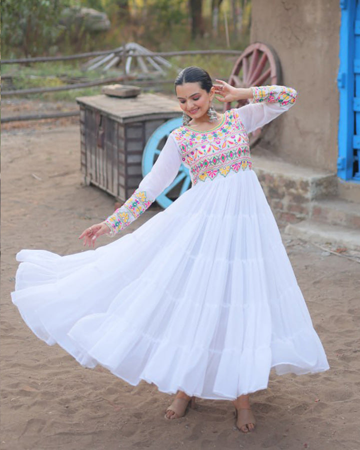 White Color Blooming Ruffle Style Navratri Gown