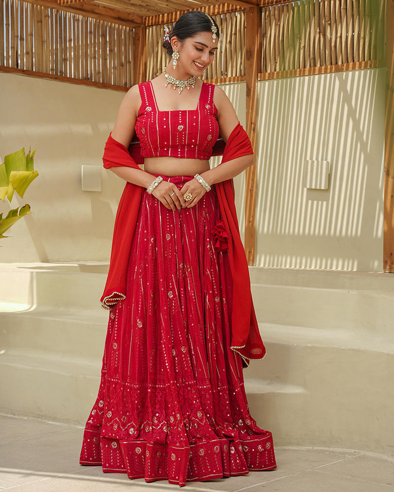 Tomato Red Color Lucknowi Style Embroidered Soft Georgette Lehenga Choli