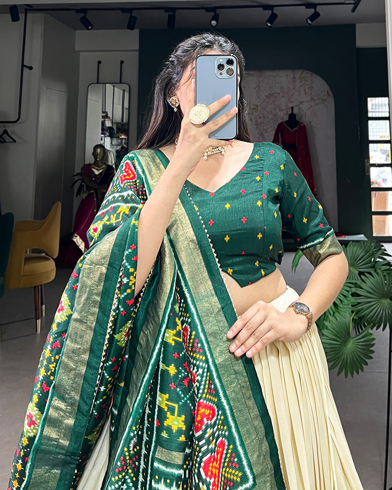 Green Color Tussar Silk Patola Printed Lehenga Choli