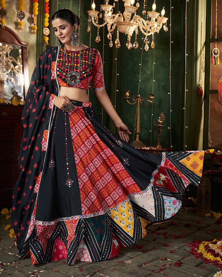 Black Color Maslin Cotton Printed Navratri Lehenga Choli