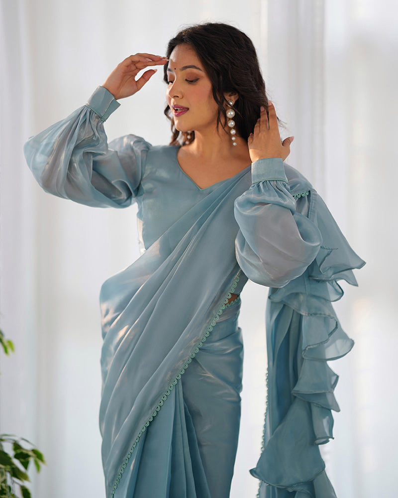 Sky Blue Color Soft Organza Pre Drapped Saree