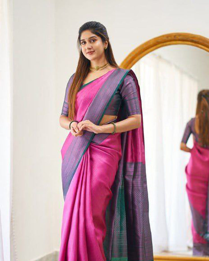 Pink Soft Banarasi Silk Saree With Exclusive Jacquard Border