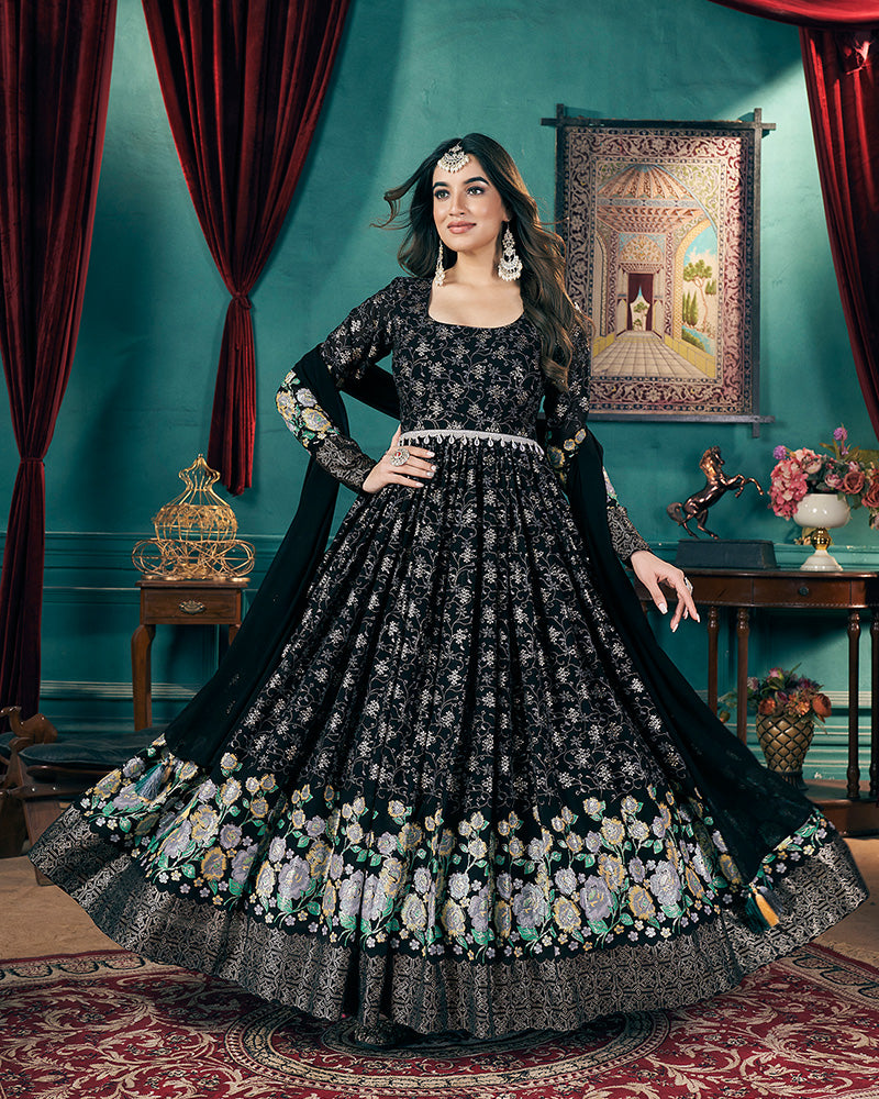 Black Color Faux Georgette Metalic Foil Work Gown With Dupatta