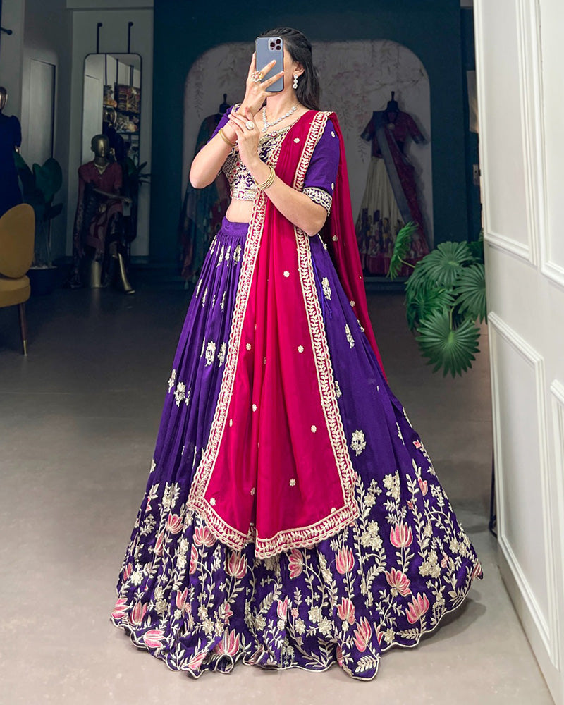 Purple Color Vichitra Silk Thread Embroidered Lehenga Choli