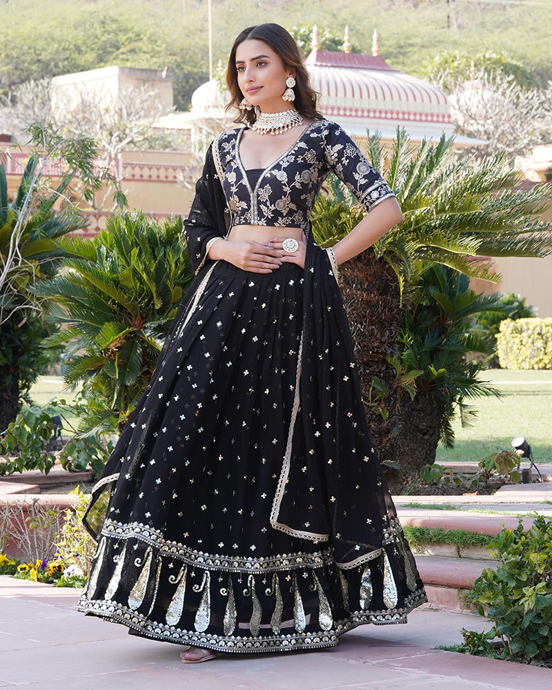 Black Color Sequence Embroidered Faux Blooming Lehenga Choli