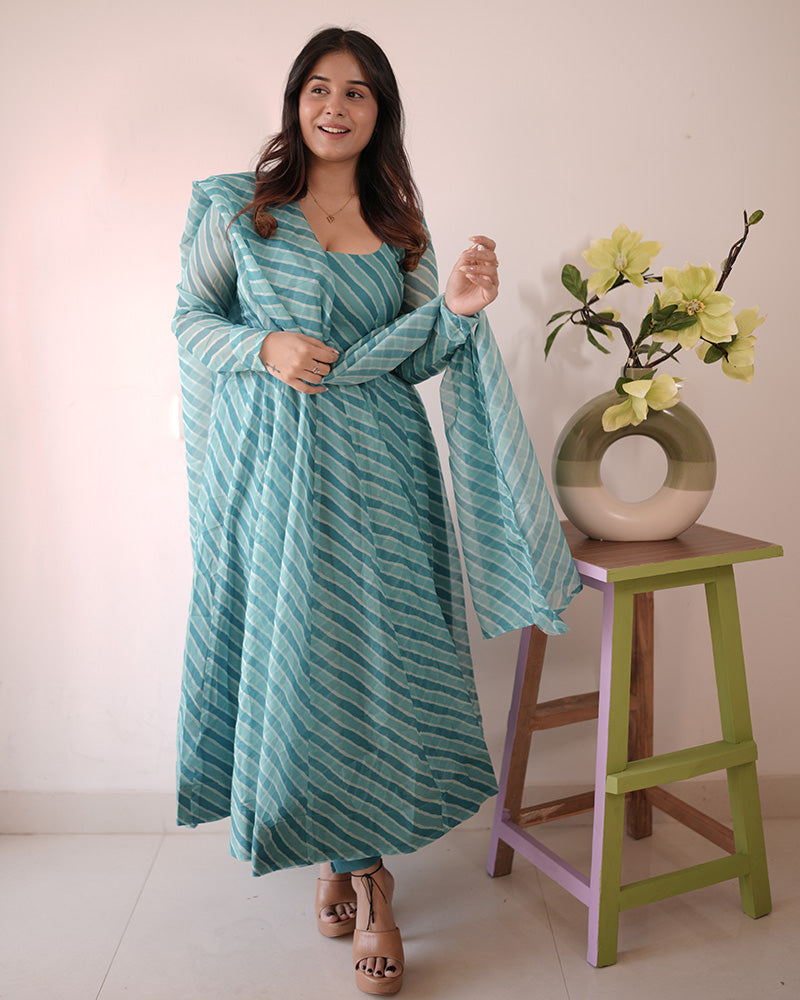 Firozi Color Laheriya Print Tabby Organza Anarkali Suit