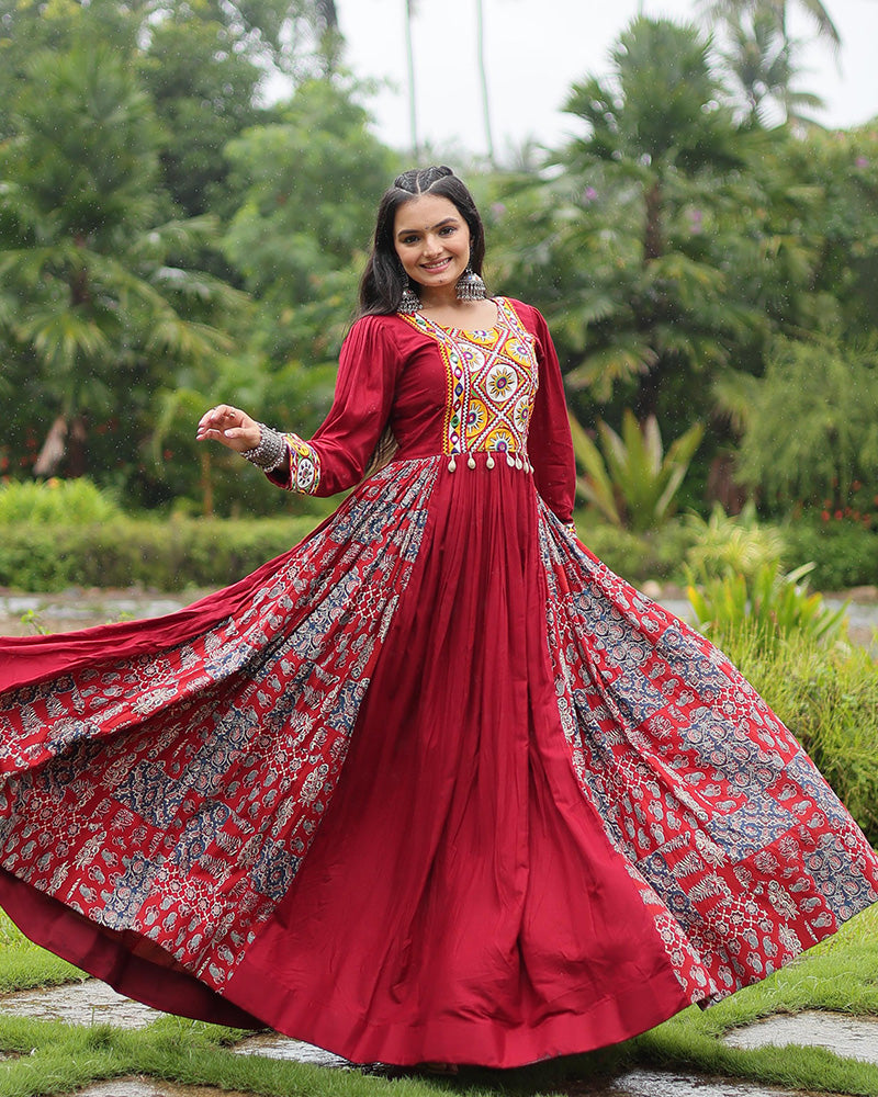 Maroon Color Rayon Gamthi Work Navratri Gown