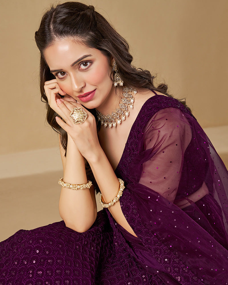 Wine Color Georgette Embroidered Lehenga Choli With Dupatta