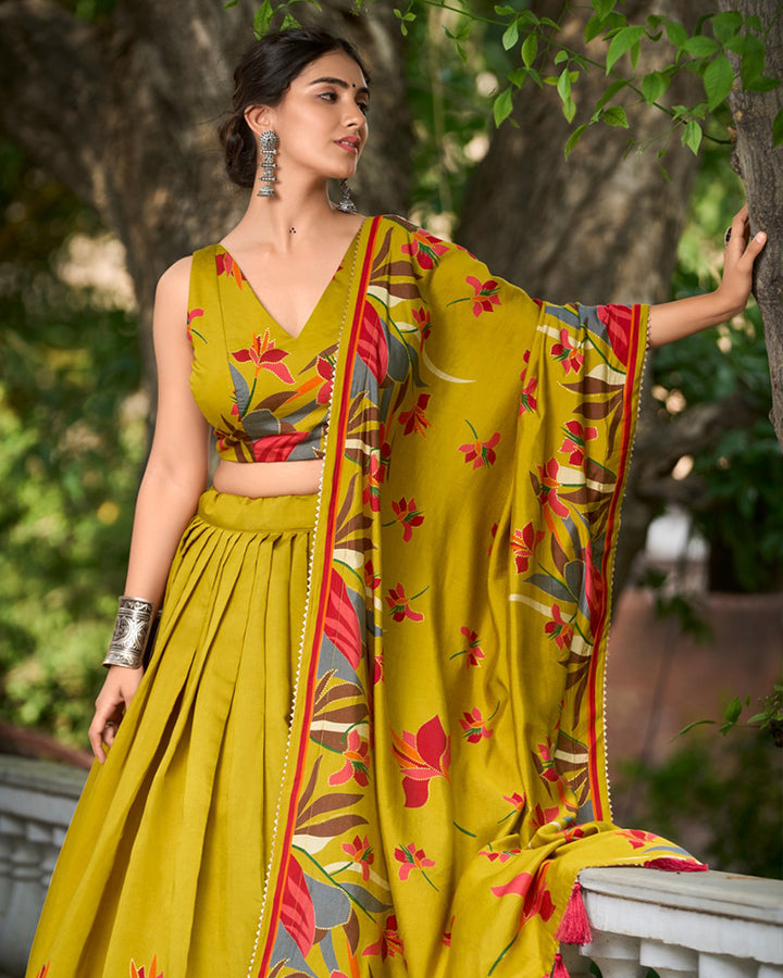 Mustard Color Polyester Viscose Chanderi Lehenga Choli