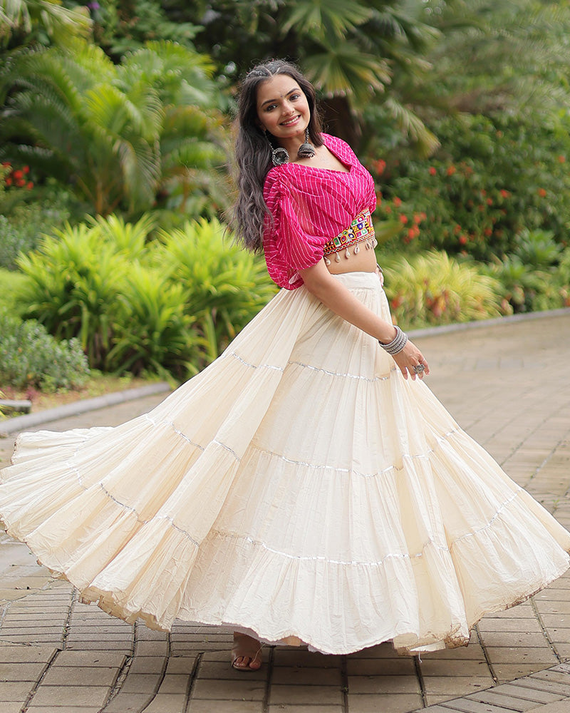 White Color Kora Cotton Lehenga With Pink Choli