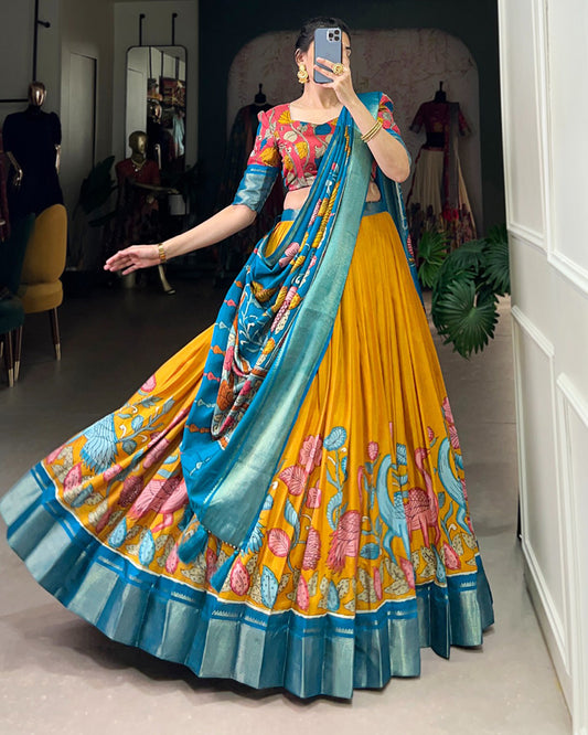Yellow Color Jacquard Dola Silk Printed Half Saree