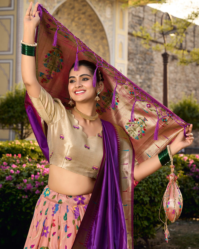 Designer Peach Color Jacquard Paithani silk Half Saree