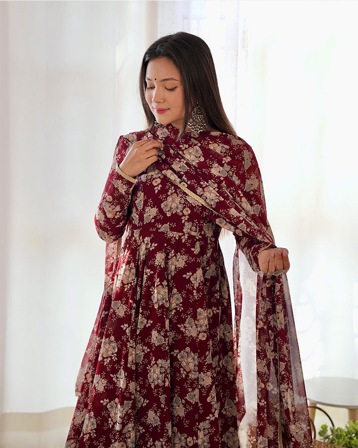 Dark Maroon Color Georgette Three Piece Anarkali Suit