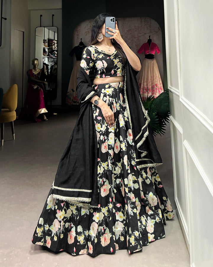 Black Color Tussar Silk Floral Printed Lehenga Choli