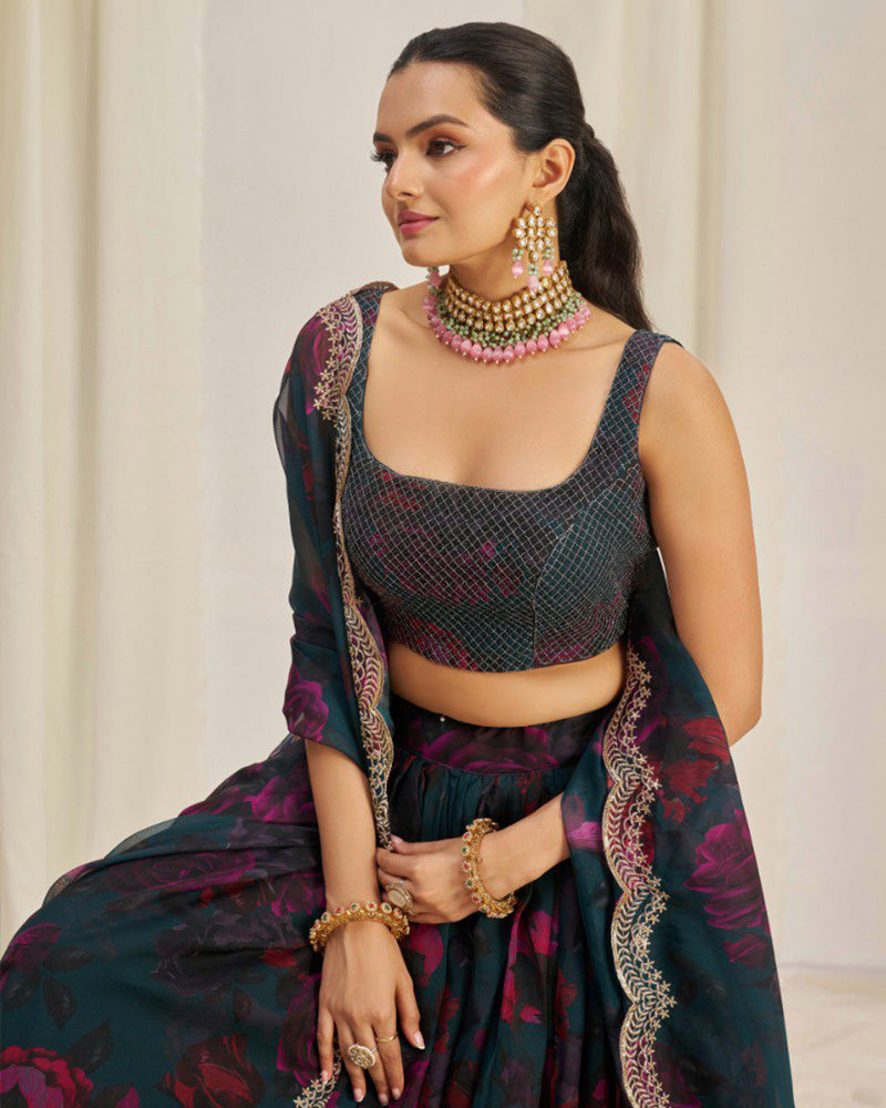 Rama And Pink Color Floral Print Soft Organza Lehenga Choli