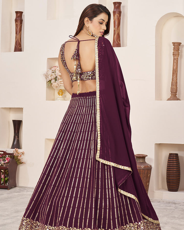 Wine Color Georgette Embroidered Semi Stitched Lehenga Choli