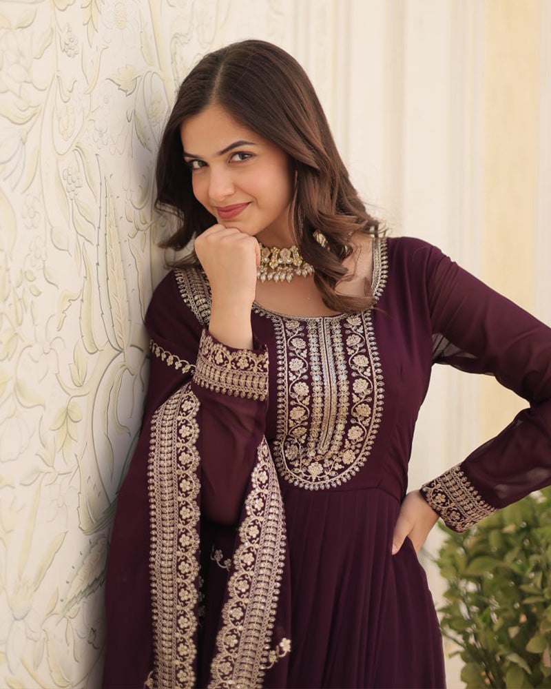 Wine Color Faux Blooming Rich Sequence Embroidered Gown