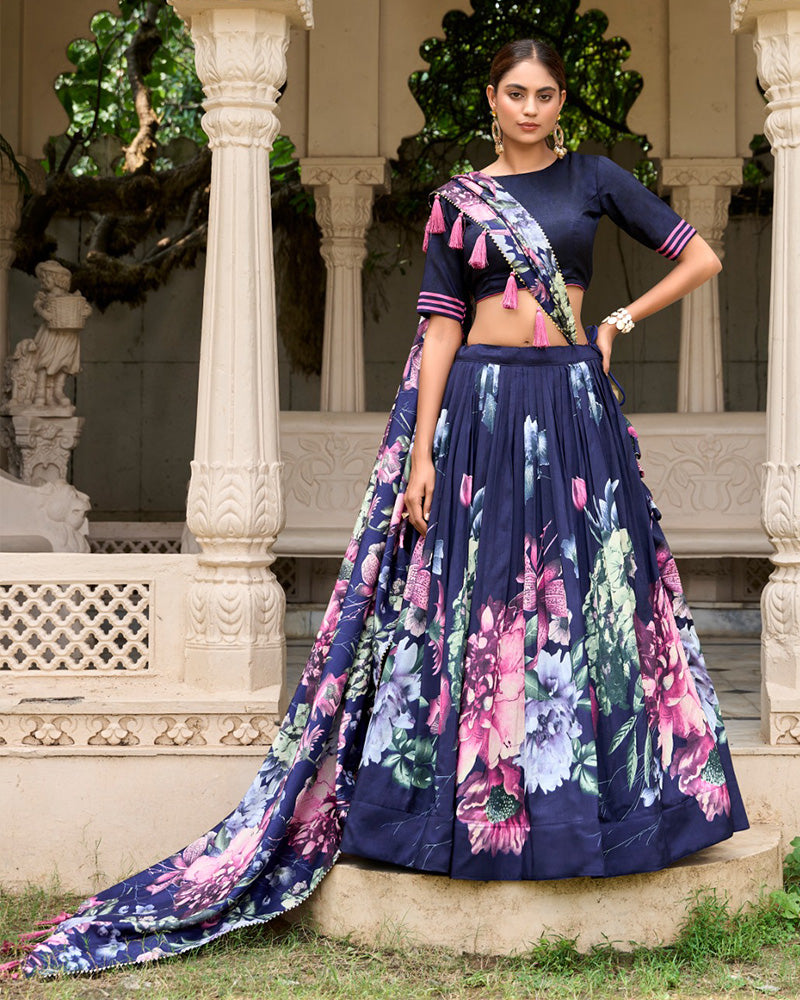 Navy Blue Color Tussar Silk Floral Printed Lehenga Choli