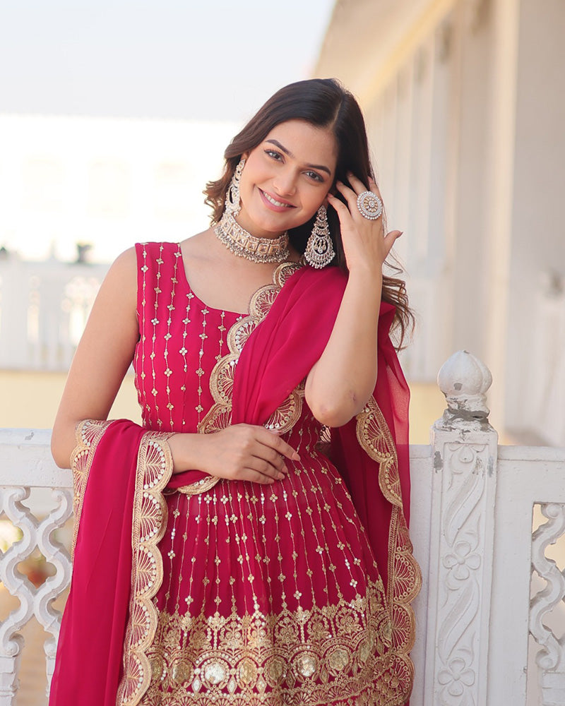 Designer Rani Pink Color Three Piece Gharara Suit