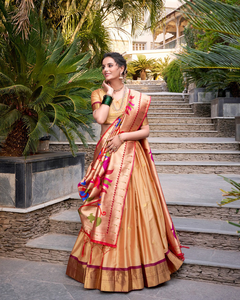 Chikoo Color Jacquard Silk Zari Weaving Work Half Saree