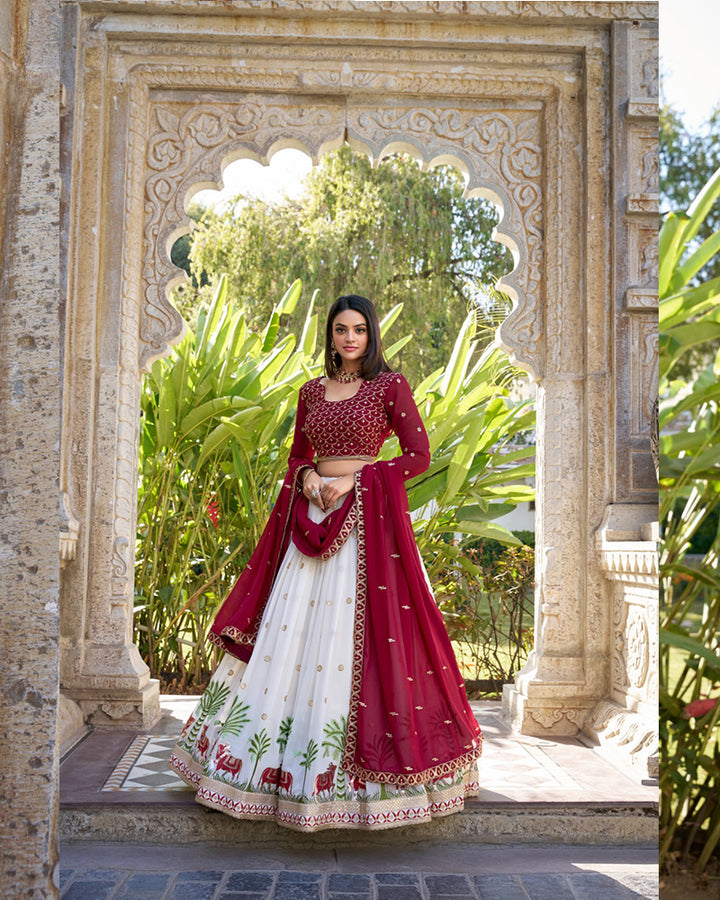 White Color Georgette Sequence Embroidered Lehenga Choli