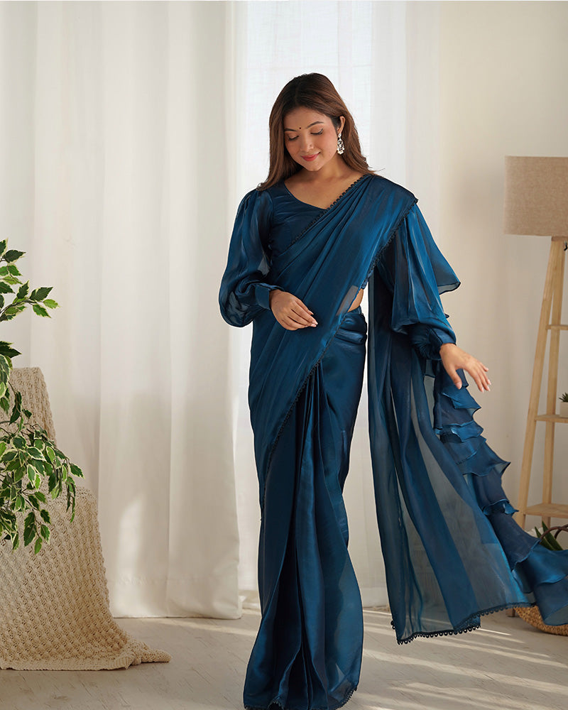 Teal Blue Color Soft Organza Pre Drapped Saree