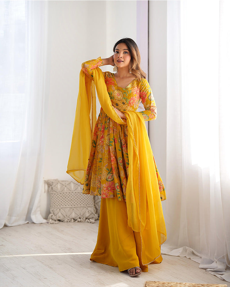 Mustard Color Roman Silk Discharge Printed Plazzo Suit